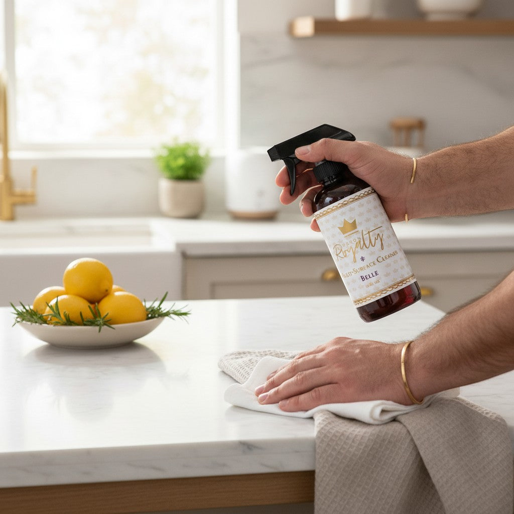 Bourbon Royalty Multi-Surface Cleaner in Belle fragrance, held by a hand wiping a marble countertop with a cloth.